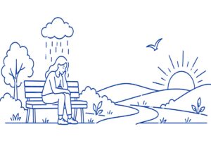 Depresyon Nedir? Belirtileri, Nedenleri ve Tedavi Yöntemleri Bankta oturan bir kişinin üzerinde yağmur bulutu, ufukta doğan güneş — depresyon ve iyileşme çizimi