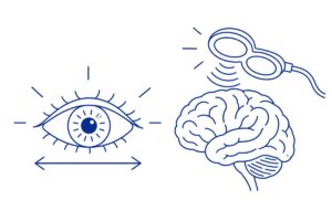 EMDR ve rTMS: Travma ve Depresyon Tedavisinde İki Modern Yaklaşım Altında çift yönlü ok olan göz ve beyin üzerinde manyetik bobin — EMDR ve rTMS çizimi