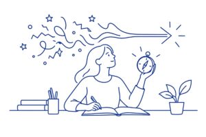 Erişkin Dikkat Eksikliği Hiperaktivite Bozukluğu (DEHB): Bilimsel Bakış ve Güncel Tedavi Yaklaşımları Masada pusula tutan kişi, dağınık düşüncelerin tek bir oka dönüşmesi — erişkin DEHB çizimi