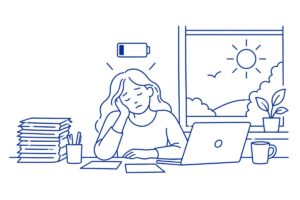 Tükenmişlik Sendromu (Burnout): Belirtileri ve Başa Çıkma Yolları Masasında yorgun oturan kişi ve biten pil simgesi — tükenmişlik sendromu çizimi