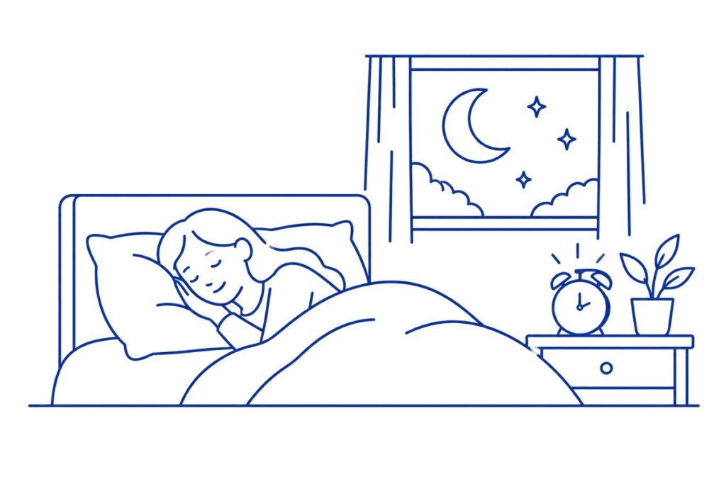 Uyku Bozuklukları ve Uykusuzluk (İnsomnia): Nedenleri ve Tedavisi Yatakta huzurla uyuyan kişi, pencerede ay ve yıldızlar — uyku bozuklukları çizimi